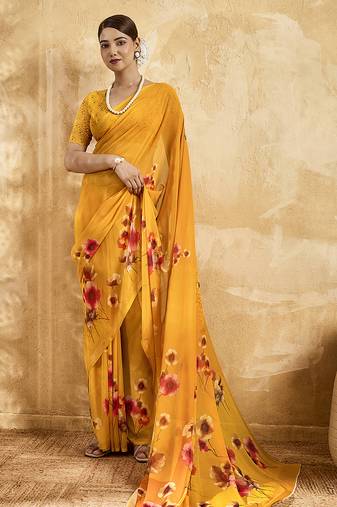 Yellow color georgette fabric floral printed trendy girlie looks saree