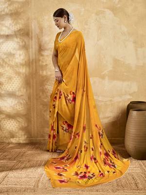Yellow color georgette fabric floral printed trendy girlie looks saree 2