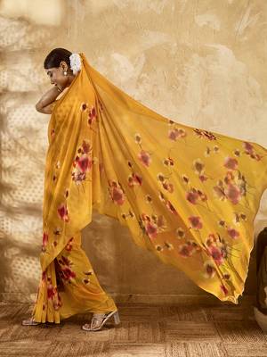 Yellow color georgette fabric floral printed trendy girlie looks saree 4