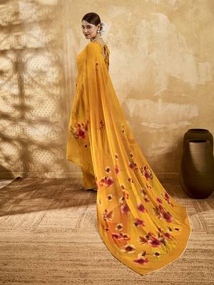Yellow color georgette fabric floral printed trendy girlie looks saree 5