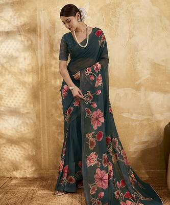 Dark green color georgette fabric floral printed trendy girlie looks saree 1