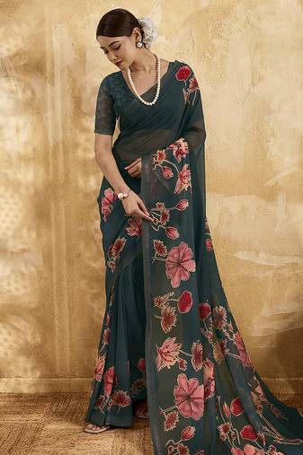 Dark green color georgette fabric floral printed trendy girlie looks saree