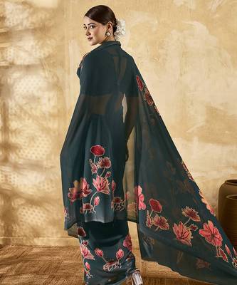 Dark green color georgette fabric floral printed trendy girlie looks saree 2