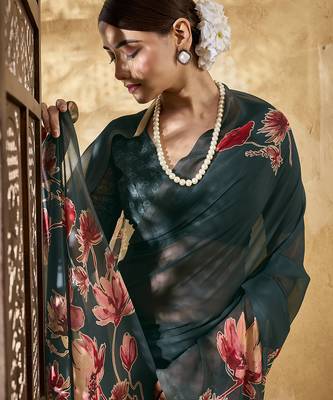 Dark green color georgette fabric floral printed trendy girlie looks saree 3