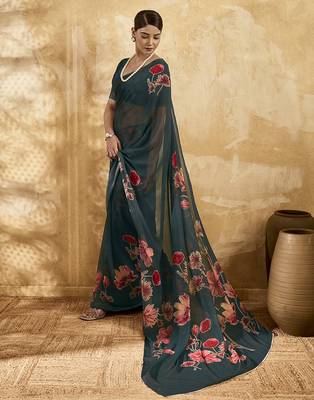 Dark green color georgette fabric floral printed trendy girlie looks saree 4