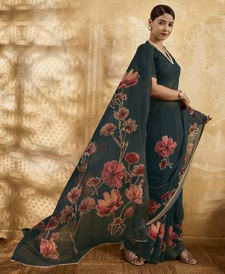 Dark green color georgette fabric floral printed trendy girlie looks saree 5
