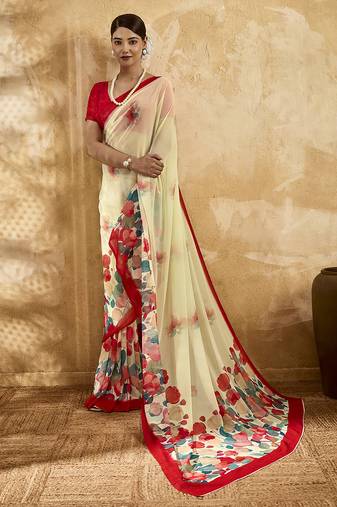 Beige color georgette fabric floral printed trendy girlie looks saree