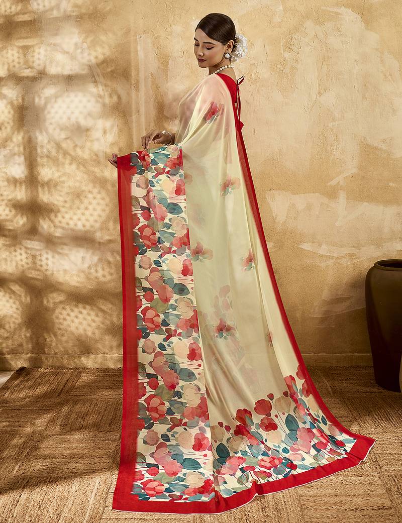 Beige color georgette fabric floral printed trendy girlie looks saree