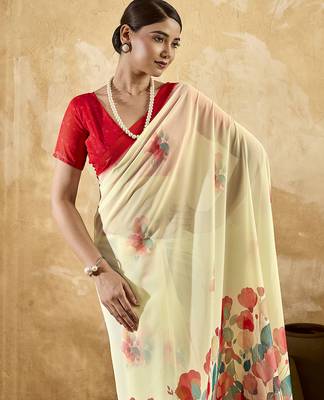 Beige color georgette fabric floral printed trendy girlie looks saree 3