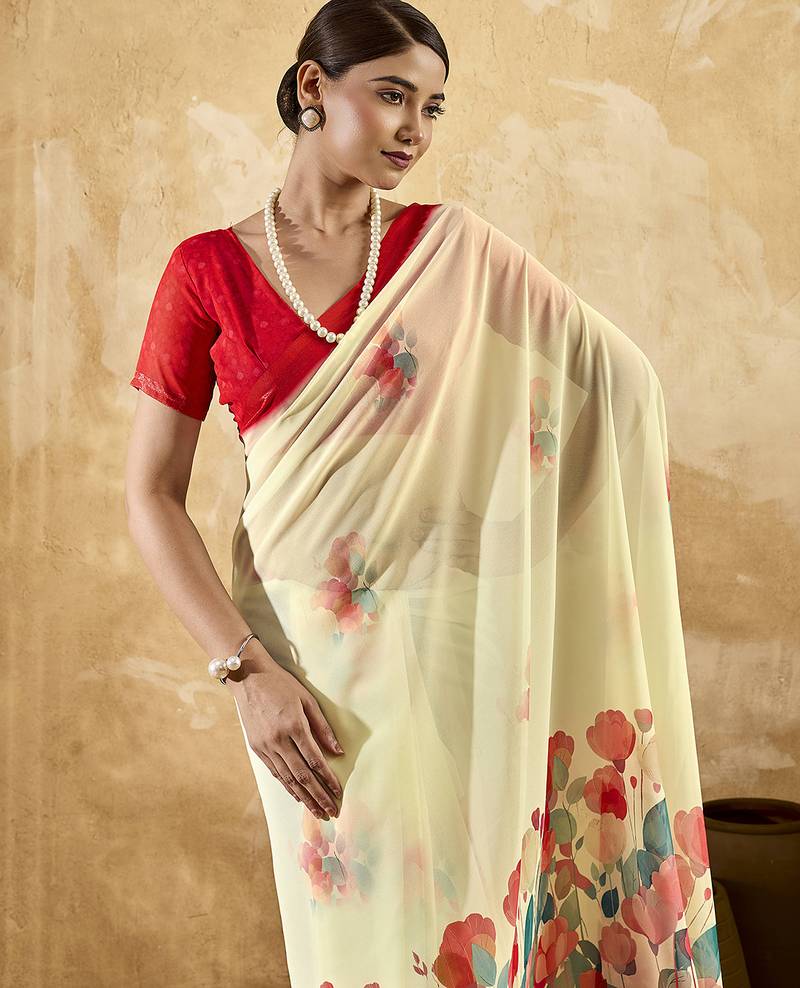 Beige color georgette fabric floral printed trendy girlie looks saree