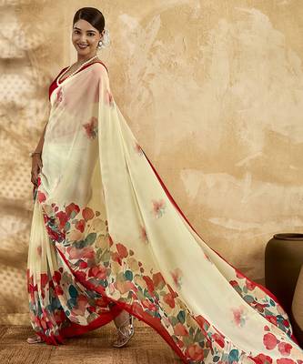 Beige color georgette fabric floral printed trendy girlie looks saree 4