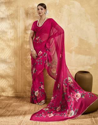 Pink color georgette fabric floral printed trendy girlie looks saree 1