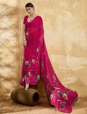 Pink color georgette fabric floral printed trendy girlie looks saree 4