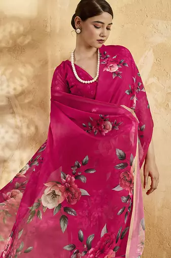 Pink color georgette fabric floral printed trendy girlie looks saree