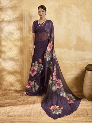 Purple color georgette fabric floral printed trendy girlie looks saree 1
