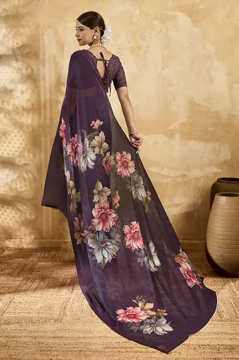 Purple color georgette fabric floral printed trendy girlie looks saree