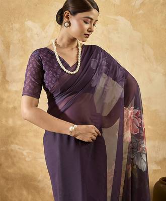 Purple color georgette fabric floral printed trendy girlie looks saree 3