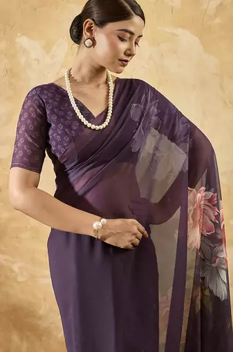 Purple color georgette fabric floral printed trendy girlie looks saree