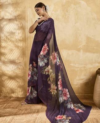 Purple color georgette fabric floral printed trendy girlie looks saree 4