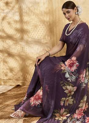 Purple color georgette fabric floral printed trendy girlie looks saree 5