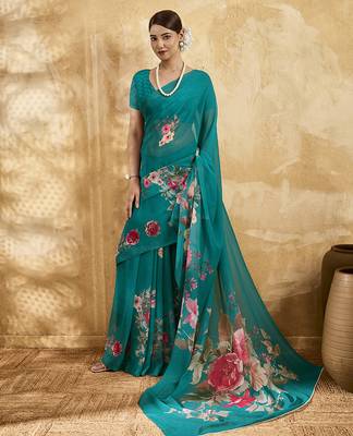 Sea green color georgette fabric floral printed trendy girlie looks saree 1
