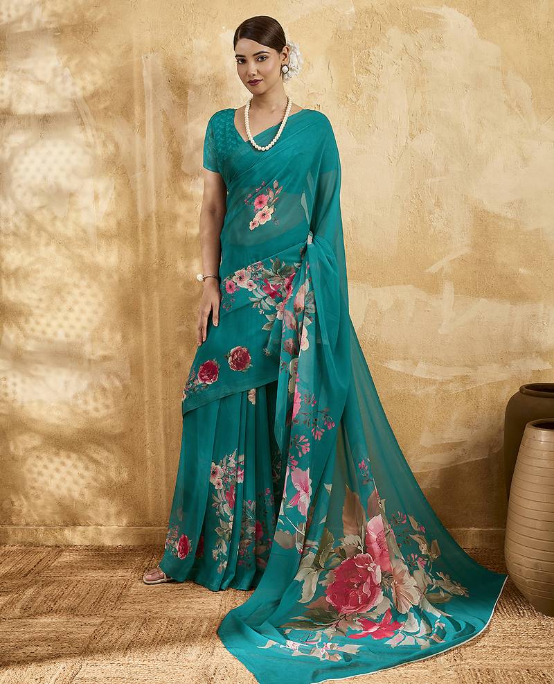 Sea green color georgette fabric floral printed trendy girlie looks saree