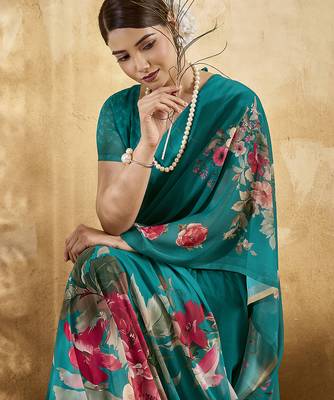 Sea green color georgette fabric floral printed trendy girlie looks saree 3