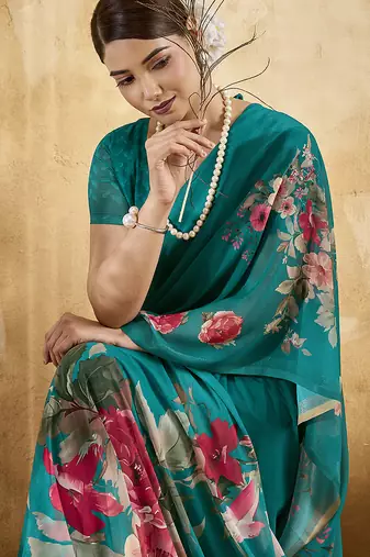 Sea green color georgette fabric floral printed trendy girlie looks saree