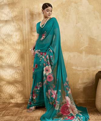 Sea green color georgette fabric floral printed trendy girlie looks saree 4
