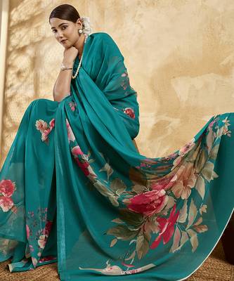 Sea green color georgette fabric floral printed trendy girlie looks saree 5