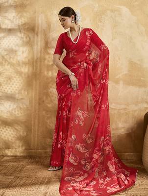 Red color georgette fabric floral printed trendy girlie looks saree 1