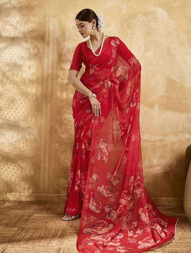 Red color georgette fabric floral printed trendy girlie looks saree