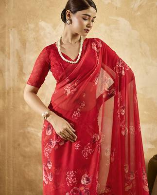 Red color georgette fabric floral printed trendy girlie looks saree 3