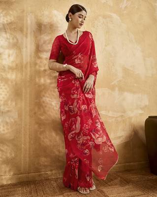 Red color georgette fabric floral printed trendy girlie looks saree 4