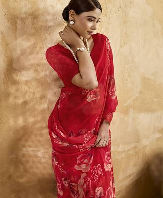 Red color georgette fabric floral printed trendy girlie looks saree 5