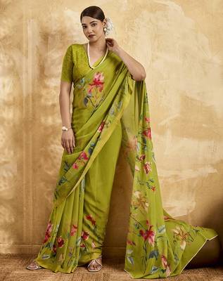 Parrot green color georgette fabric floral printed trendy girlie looks saree 1