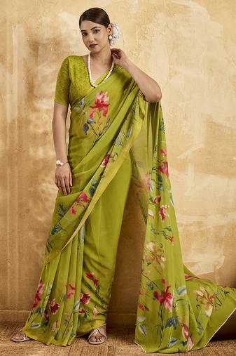 Parrot green color georgette fabric floral printed trendy girlie looks saree