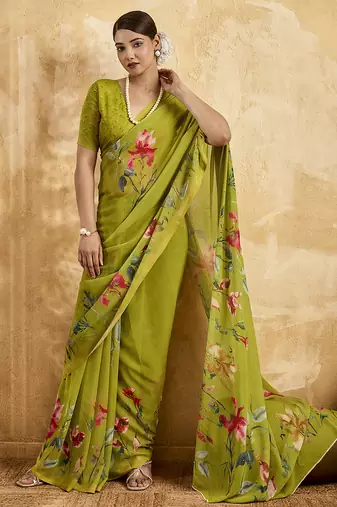 Parrot green color georgette fabric floral printed trendy girlie looks saree