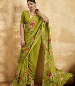 Parrot green color georgette fabric floral printed trendy girlie looks saree