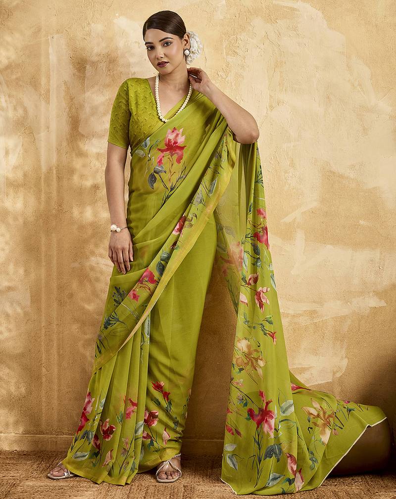 Parrot green color georgette fabric floral printed trendy girlie looks saree