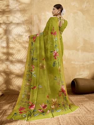 Parrot green color georgette fabric floral printed trendy girlie looks saree 2