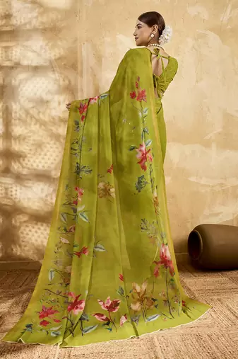 Parrot green color georgette fabric floral printed trendy girlie looks saree