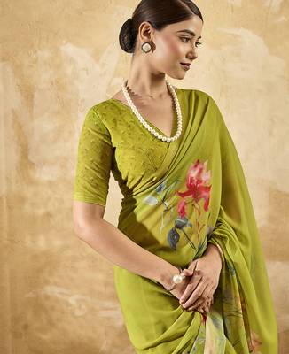 Parrot green color georgette fabric floral printed trendy girlie looks saree 3
