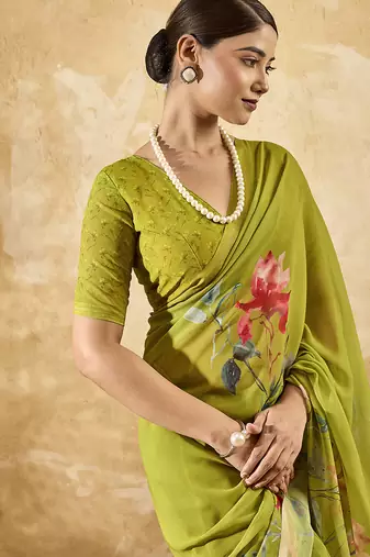 Parrot green color georgette fabric floral printed trendy girlie looks saree