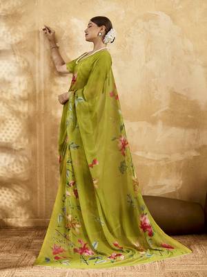 Parrot green color georgette fabric floral printed trendy girlie looks saree 4