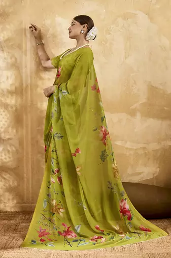 Parrot green color georgette fabric floral printed trendy girlie looks saree