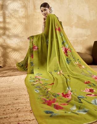 Parrot green color georgette fabric floral printed trendy girlie looks saree 5
