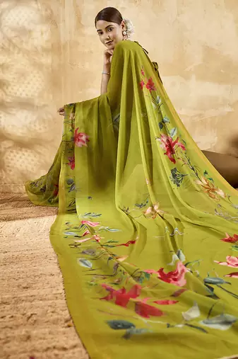 Parrot green color georgette fabric floral printed trendy girlie looks saree