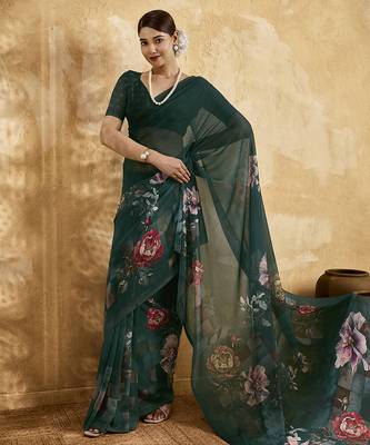 Bottle green color georgette fabric floral printed trendy girlie looks saree 1