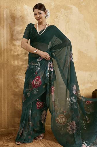 Bottle green color georgette fabric floral printed trendy girlie looks saree
